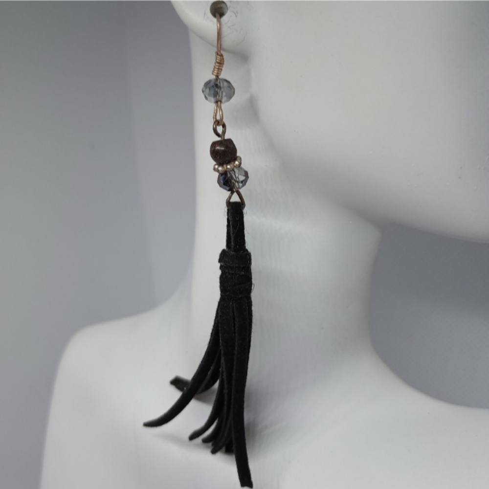 Handmade Black Beaded Tassel Earrings Casual Everyday Unique Funky Boho Festival